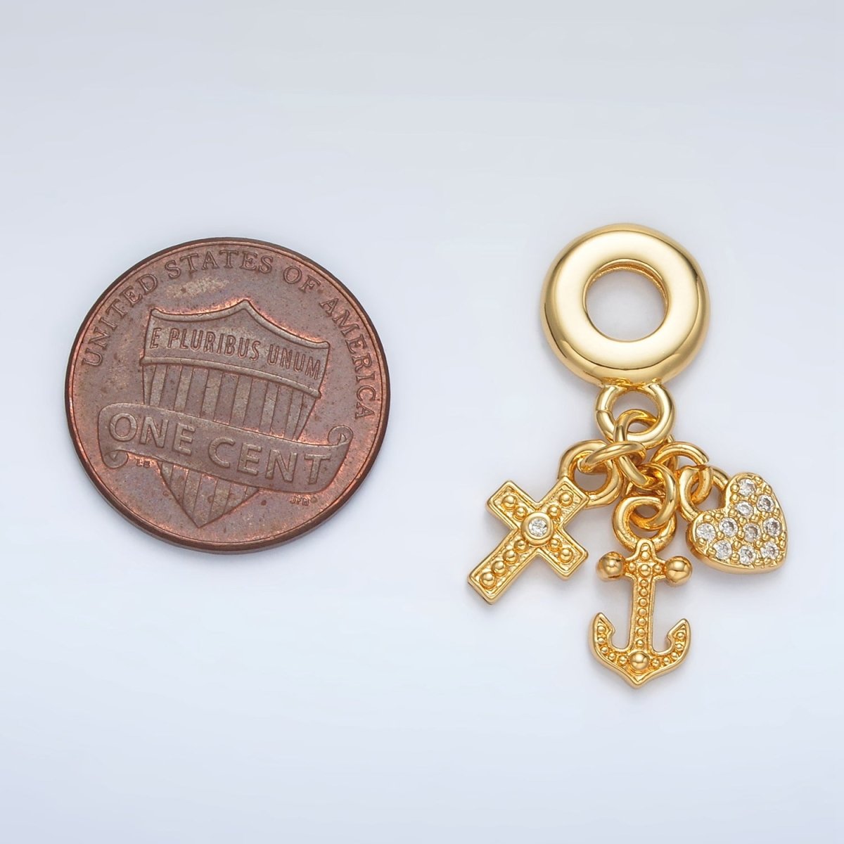 24K Gold Filled Heart Anchor Cross Micro Paved Triple Drop Rhondelle Bail Pendant | AC089