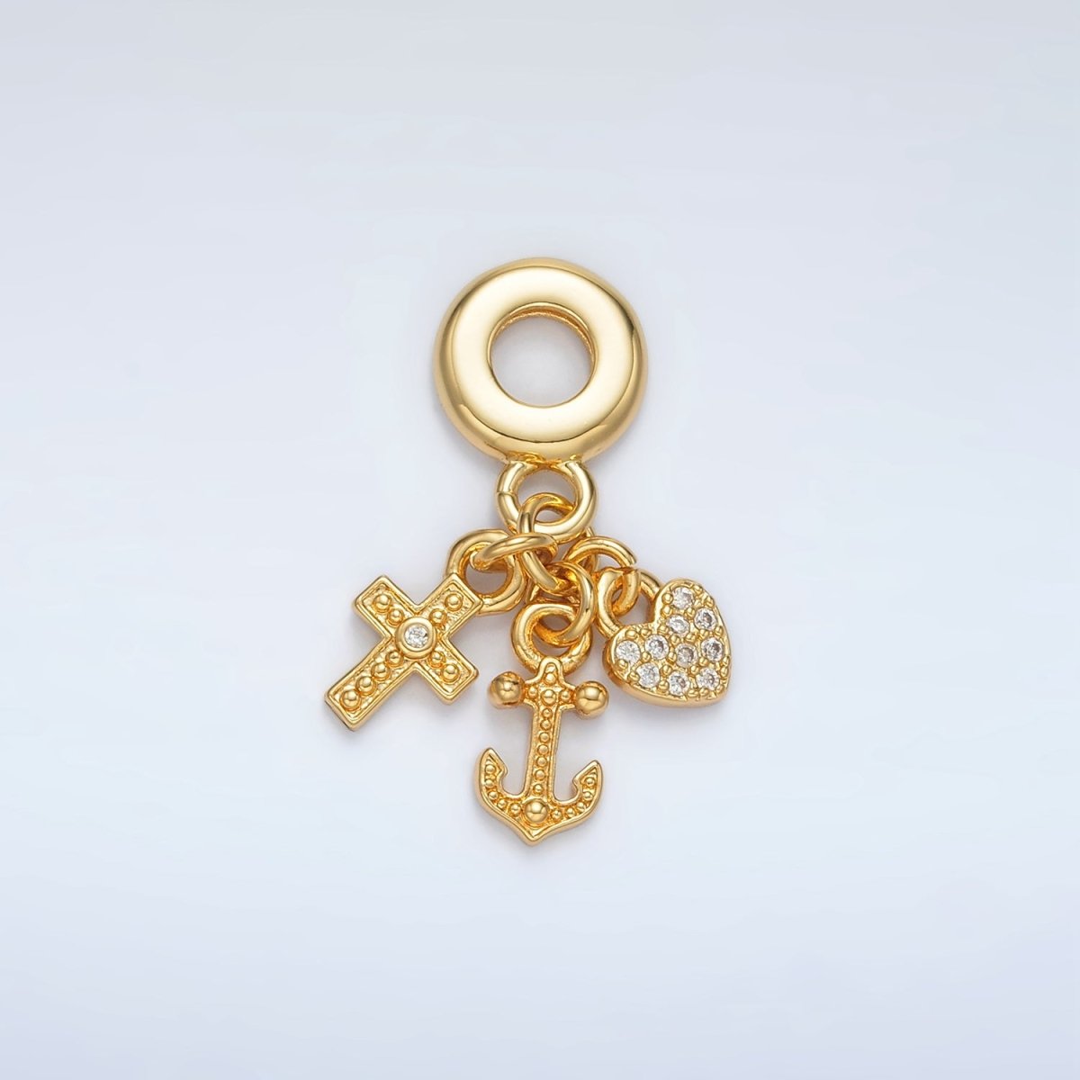 24K Gold Filled Heart Anchor Cross Micro Paved Triple Drop Rhondelle Bail Pendant | AC089