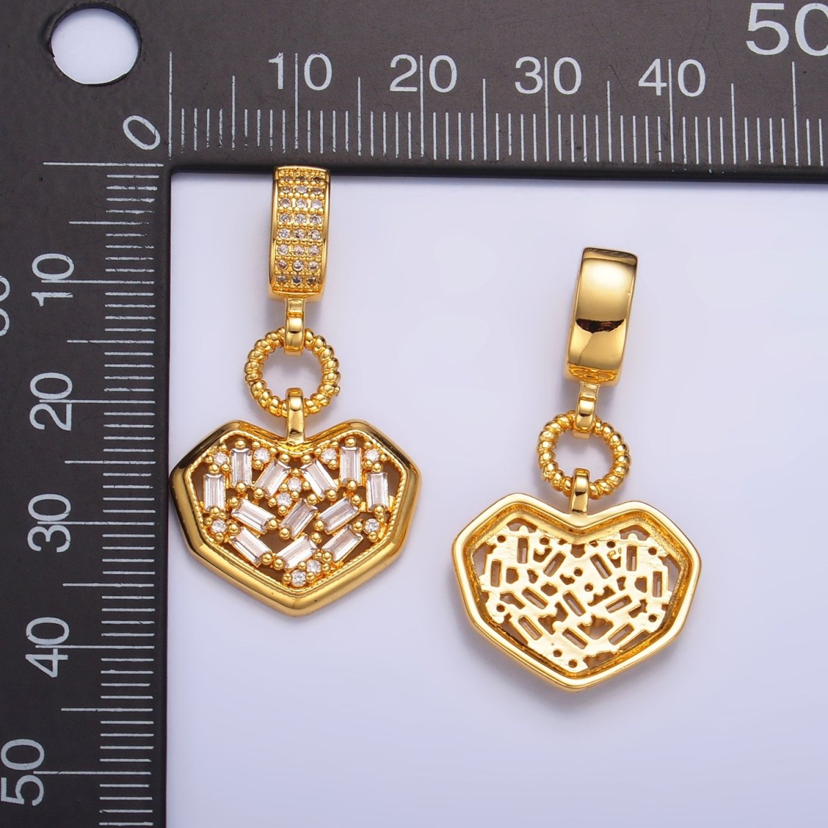 24K Gold Filled Heart Baguette CZ Micro Paved Drop Bail Pendant | AA1090