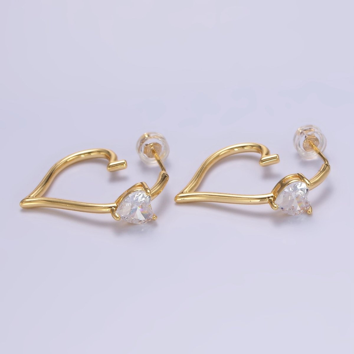 24K Gold Filled Heart CZ J-Shaped Hoop Earrings | AB1185