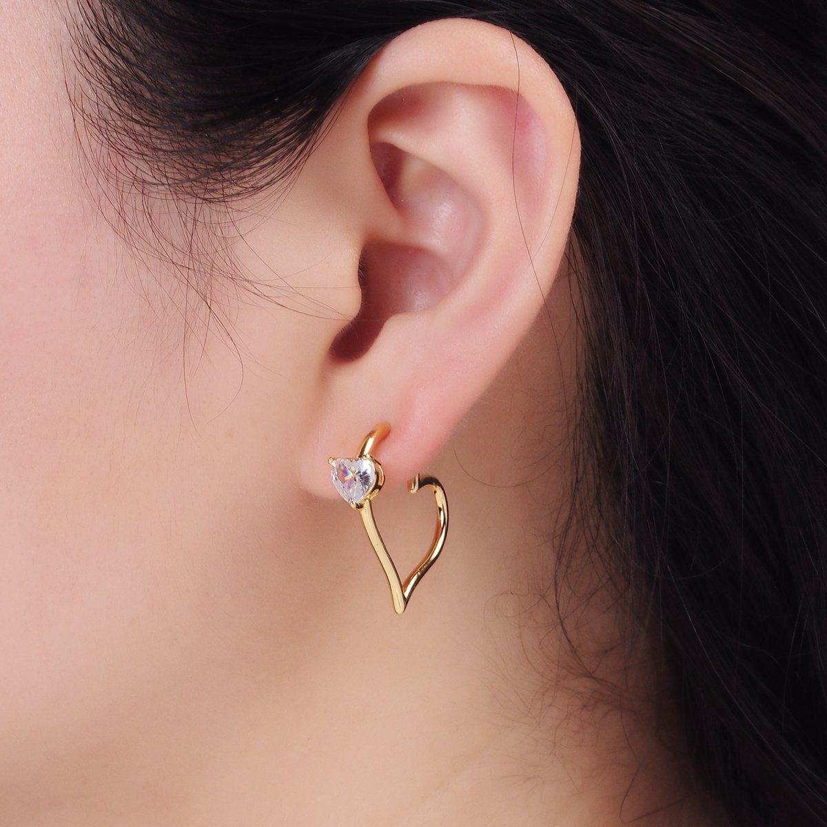 24K Gold Filled Heart CZ J-Shaped Hoop Earrings | AB1185