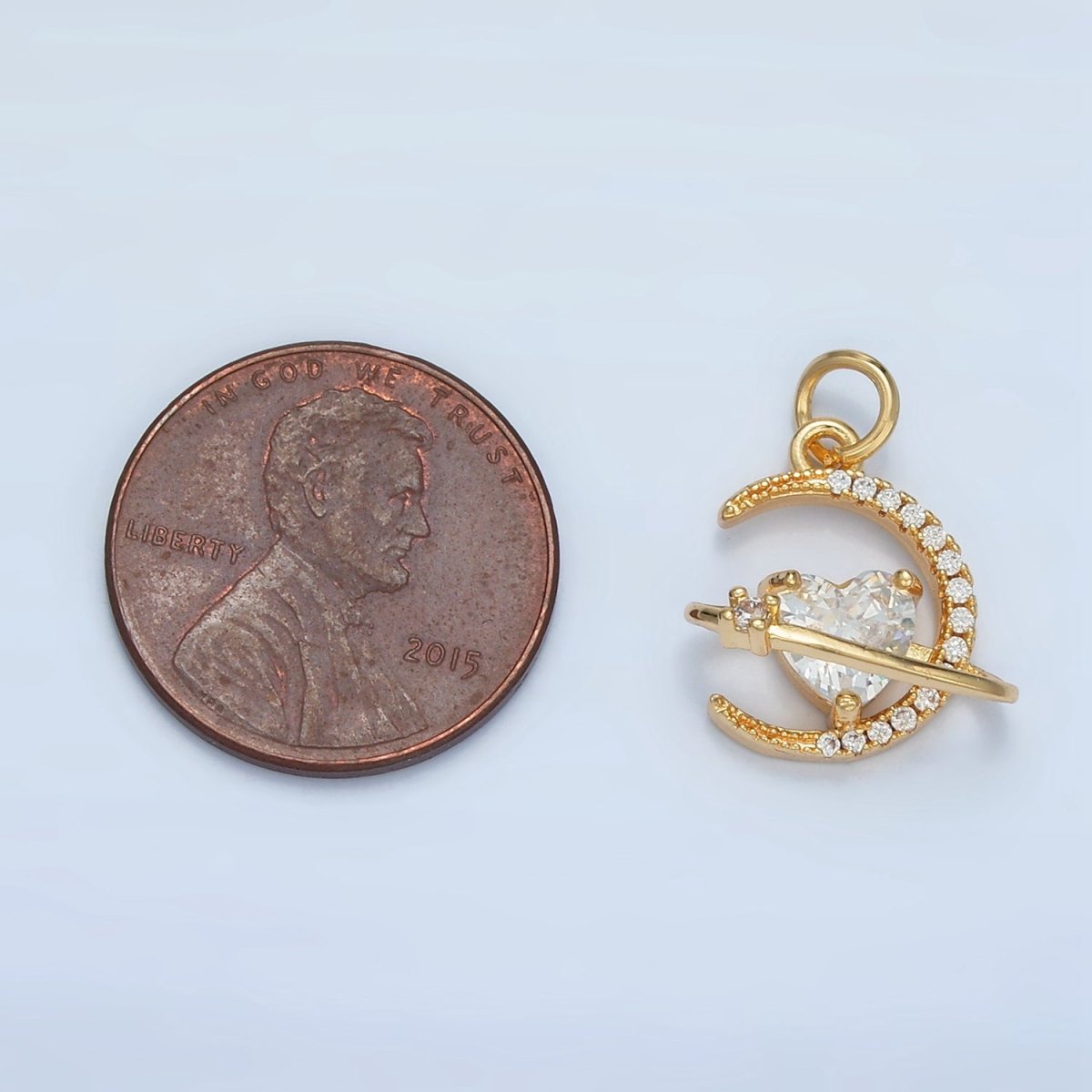 24K Gold Filled Heart CZ Micro Paved Celestial Planet Crescent Moon Charm | E741