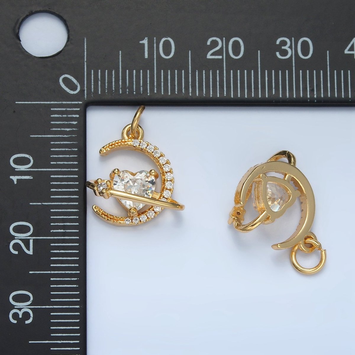24K Gold Filled Heart CZ Micro Paved Celestial Planet Crescent Moon Charm | E741