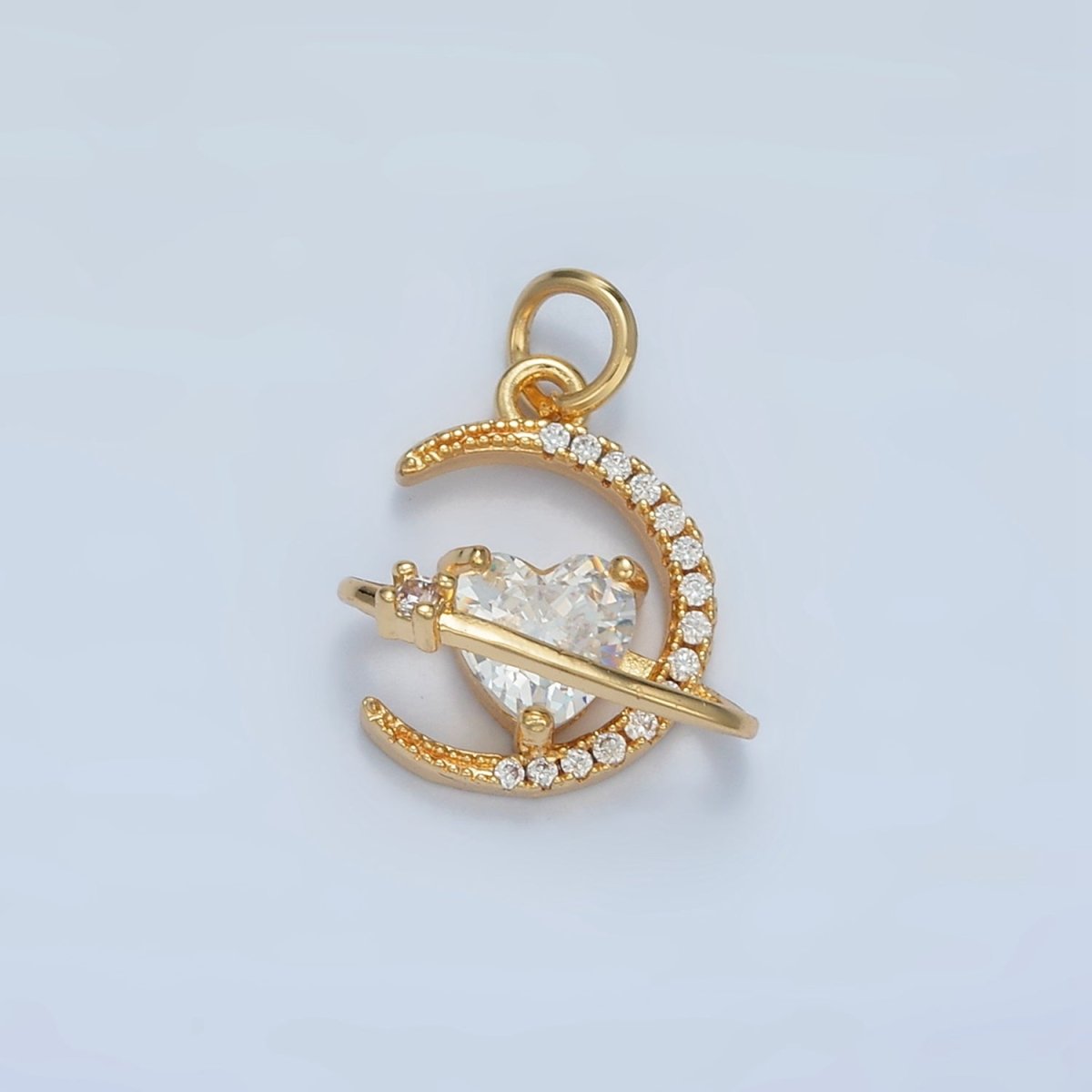 24K Gold Filled Heart CZ Micro Paved Celestial Planet Crescent Moon Charm | E741