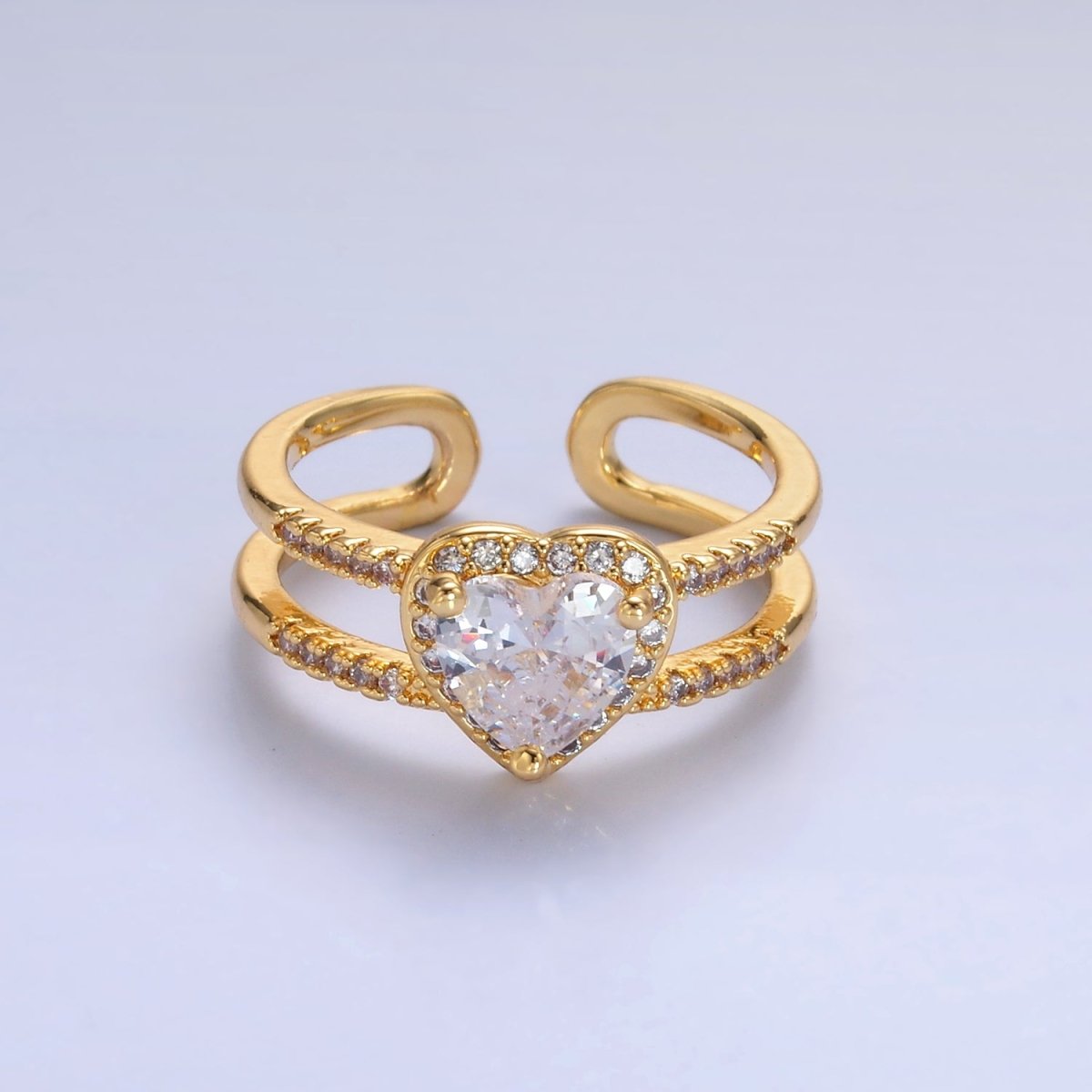 24K Gold Filled Heart CZ Micro Paved Double Band Ring | O546