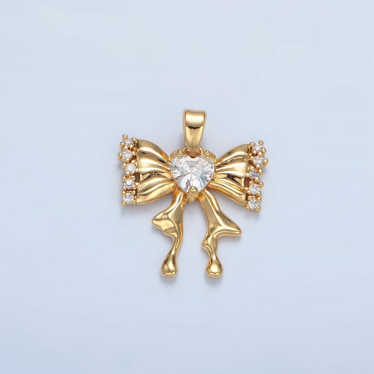 24K Gold Filled Heart CZ Molten Ribbon Bow Pendant | AA073