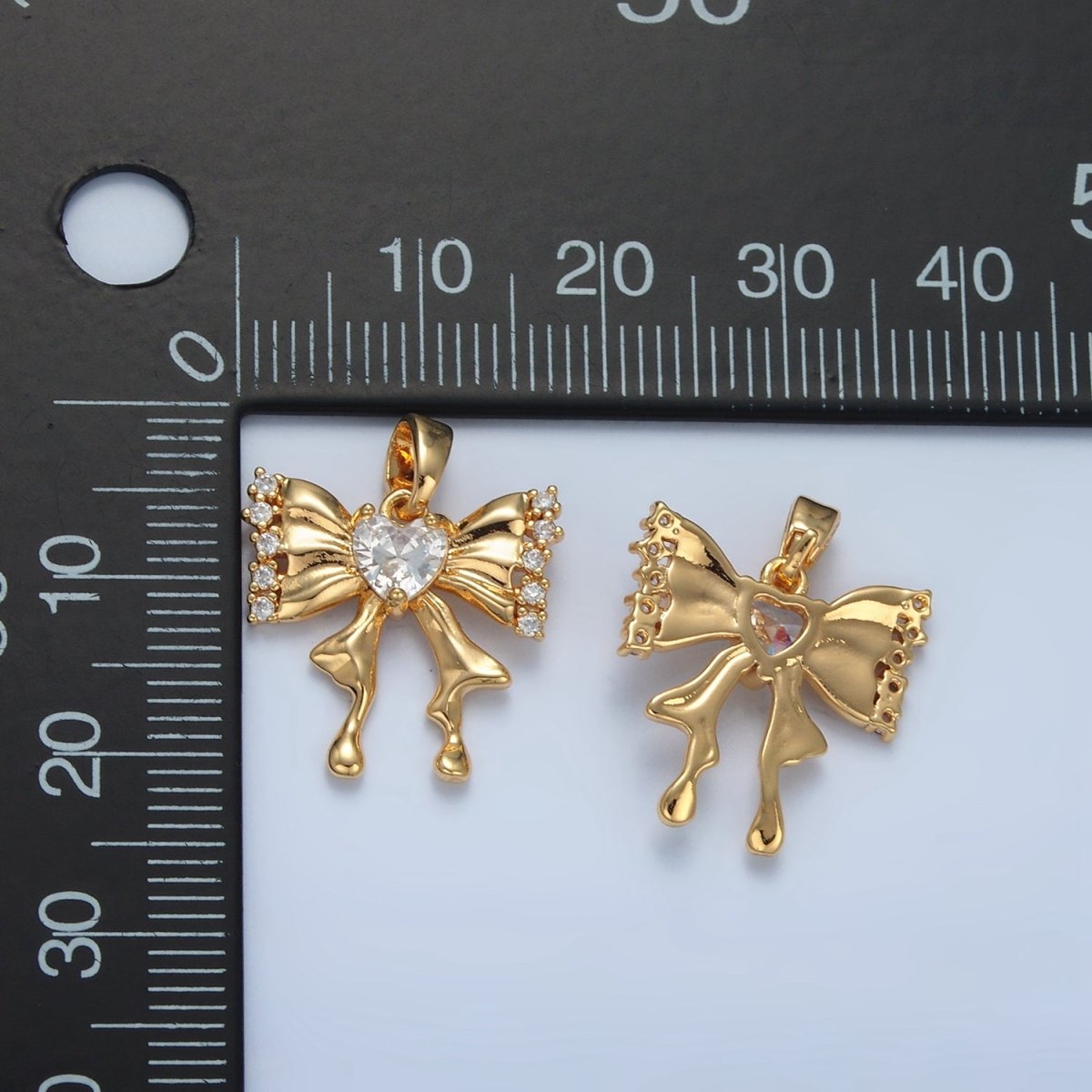 24K Gold Filled Heart CZ Molten Ribbon Bow Pendant | AA073