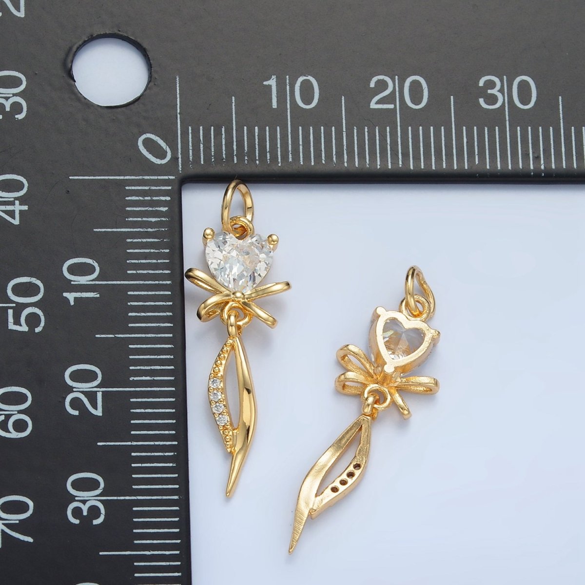24K Gold Filled Heart CZ Ribbon Bow Curved Micro Paved Drop Charm | X298