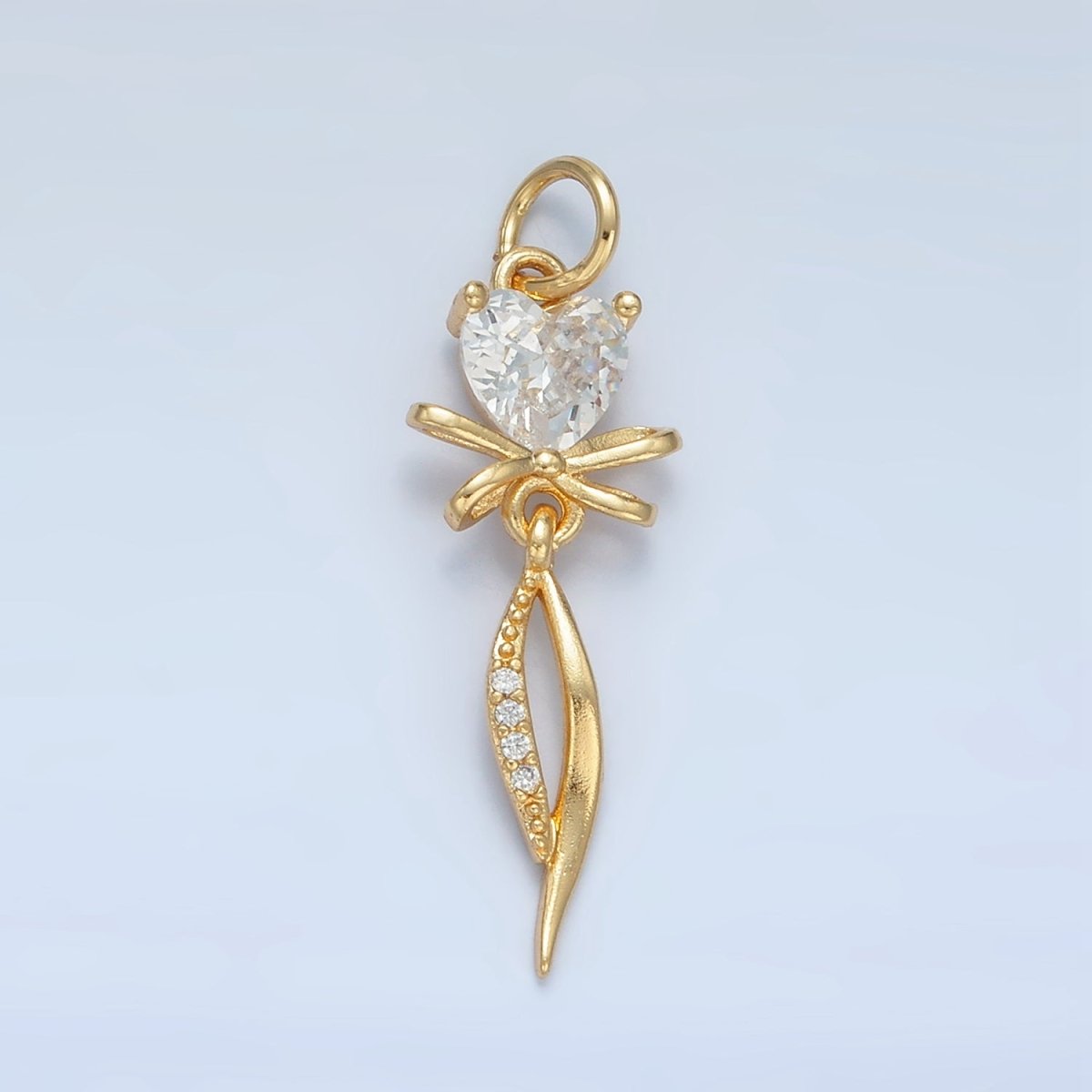 24K Gold Filled Heart CZ Ribbon Bow Curved Micro Paved Drop Charm | X298