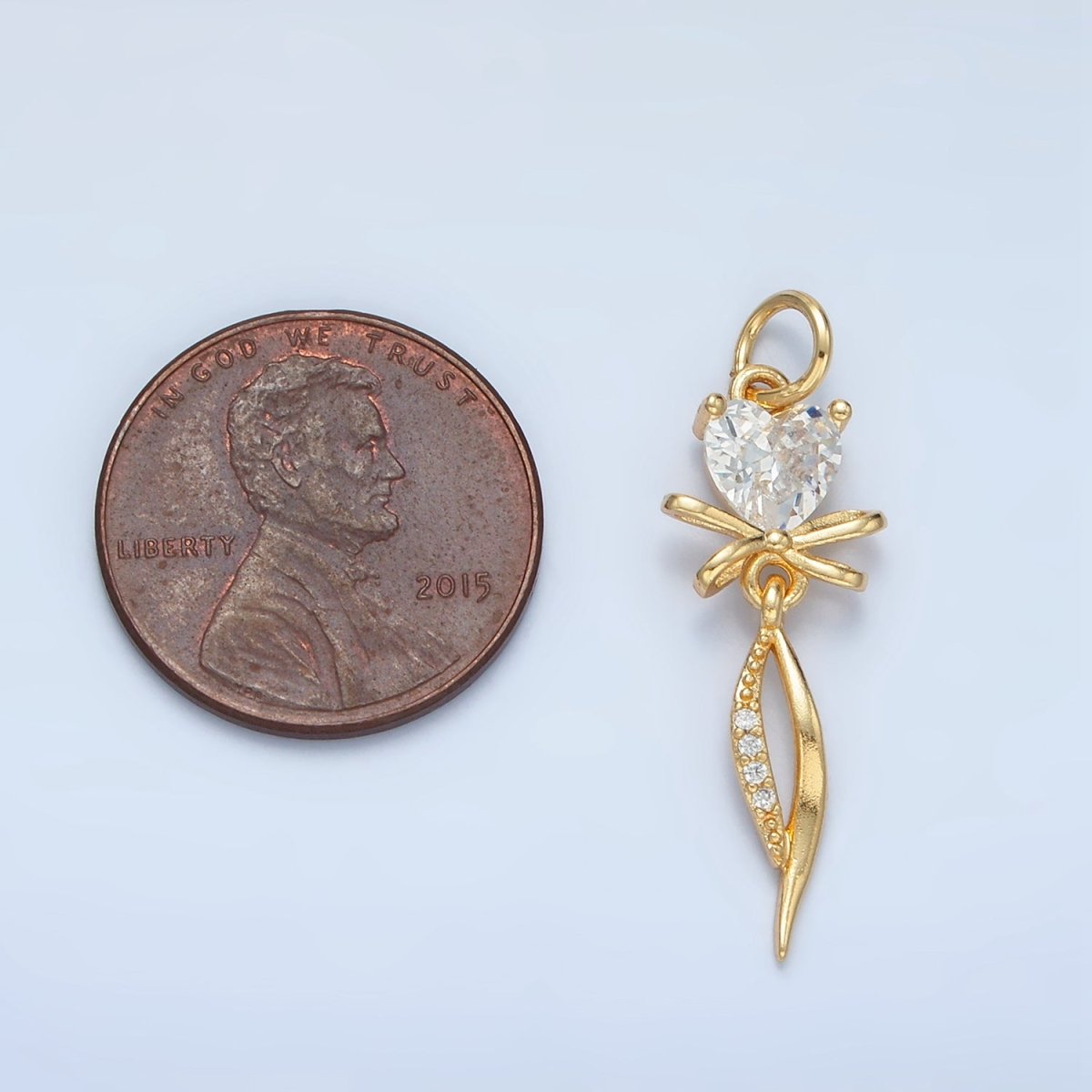 24K Gold Filled Heart CZ Ribbon Bow Curved Micro Paved Drop Charm | X298