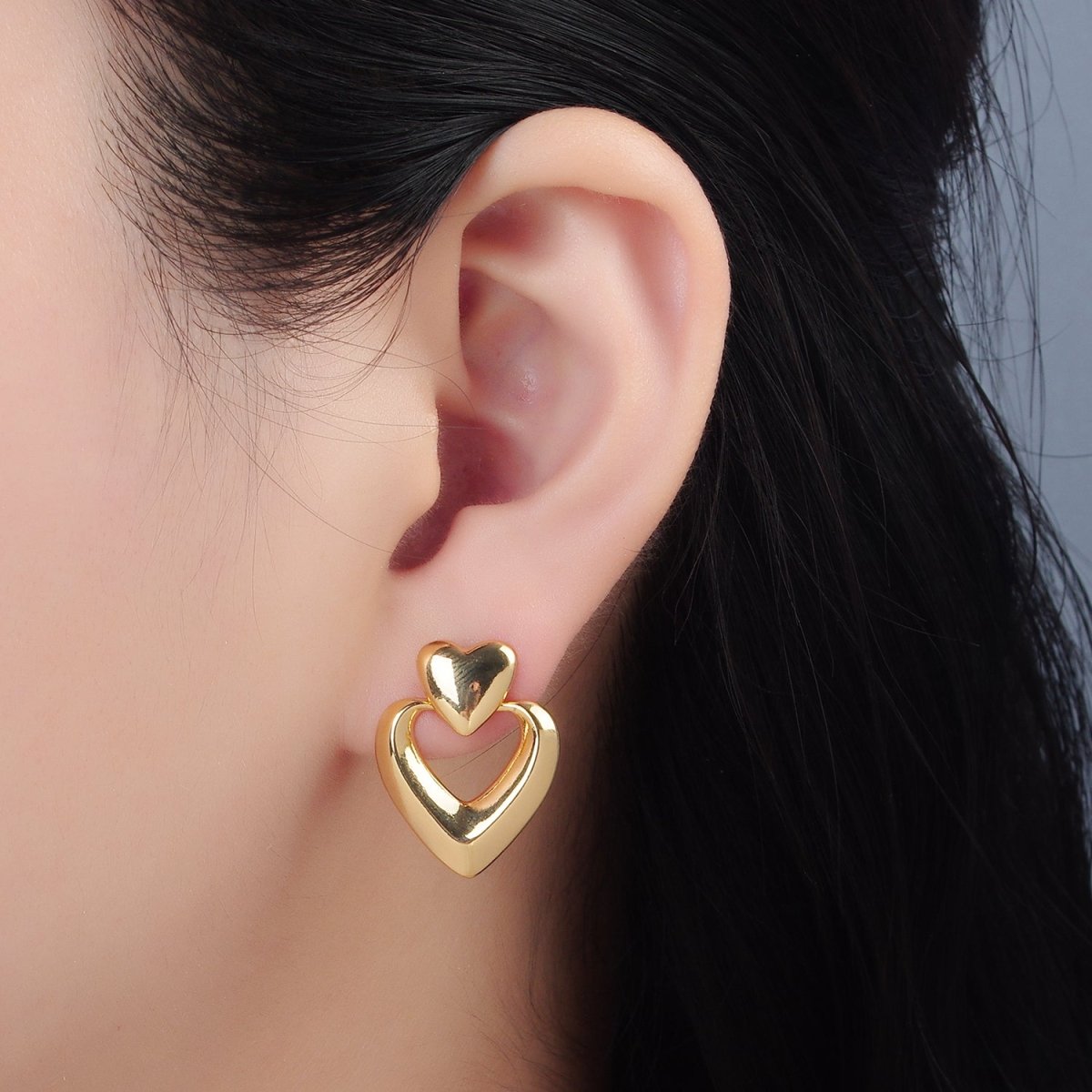 24K Gold Filled Heart Edged Door Knocker Drop Stud Earrings | AD654
