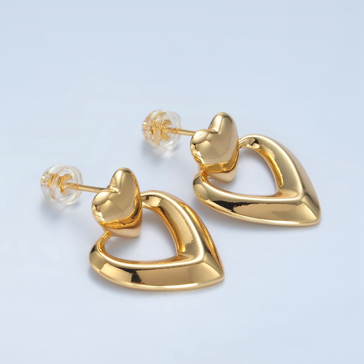 24K Gold Filled Heart Edged Door Knocker Drop Stud Earrings | AD654