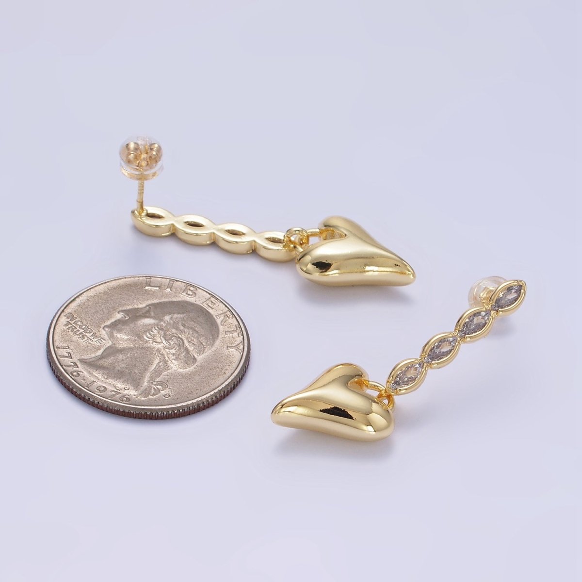 24K Gold Filled Heart Padlock Marquise CZ Drop Stud Earrings | P144