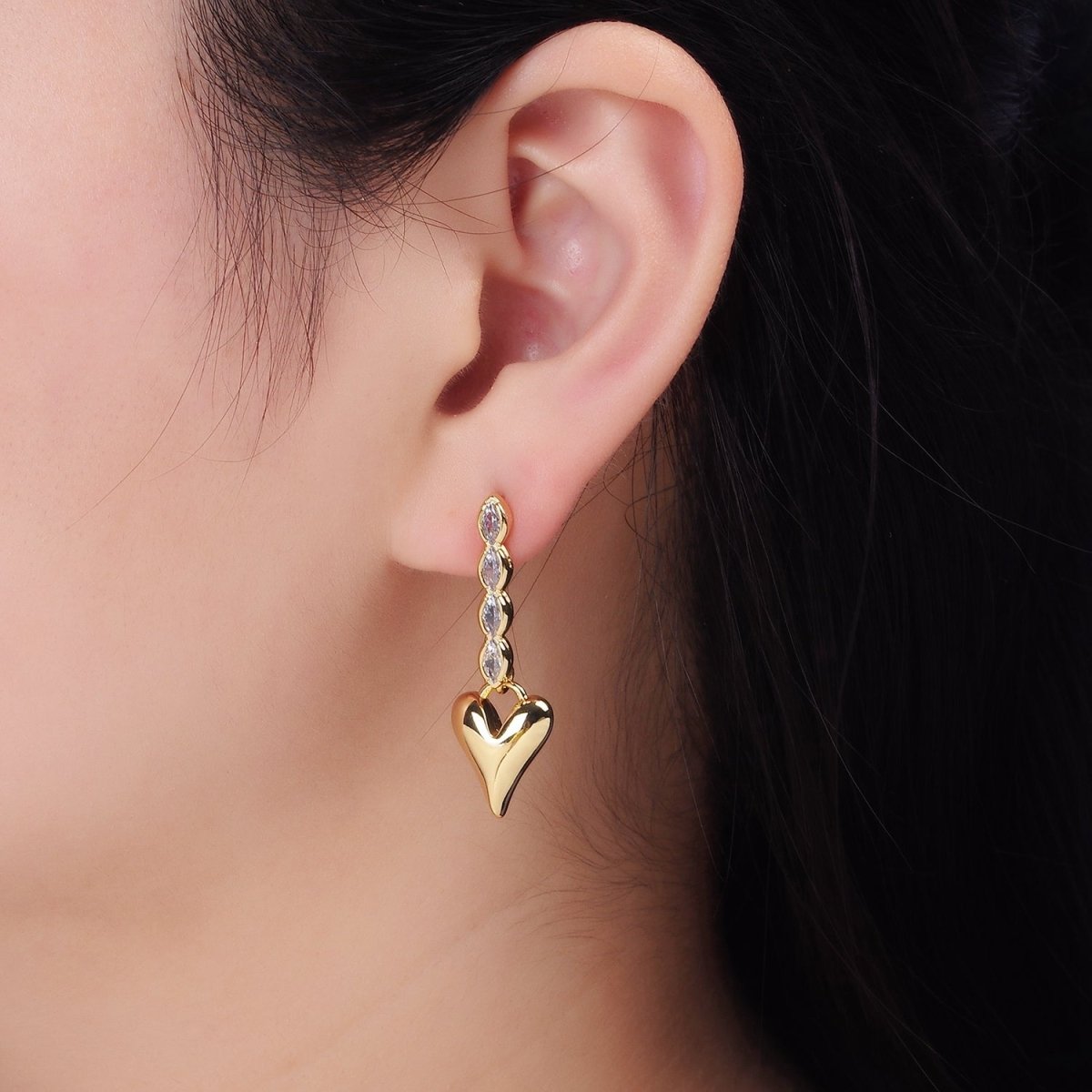 24K Gold Filled Heart Padlock Marquise CZ Drop Stud Earrings | P144