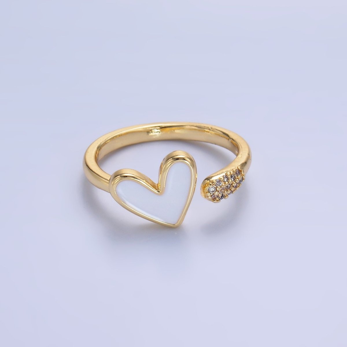 24K Gold Filled Heart White Enamel Micro Paved CZ Wrap Ring | O729