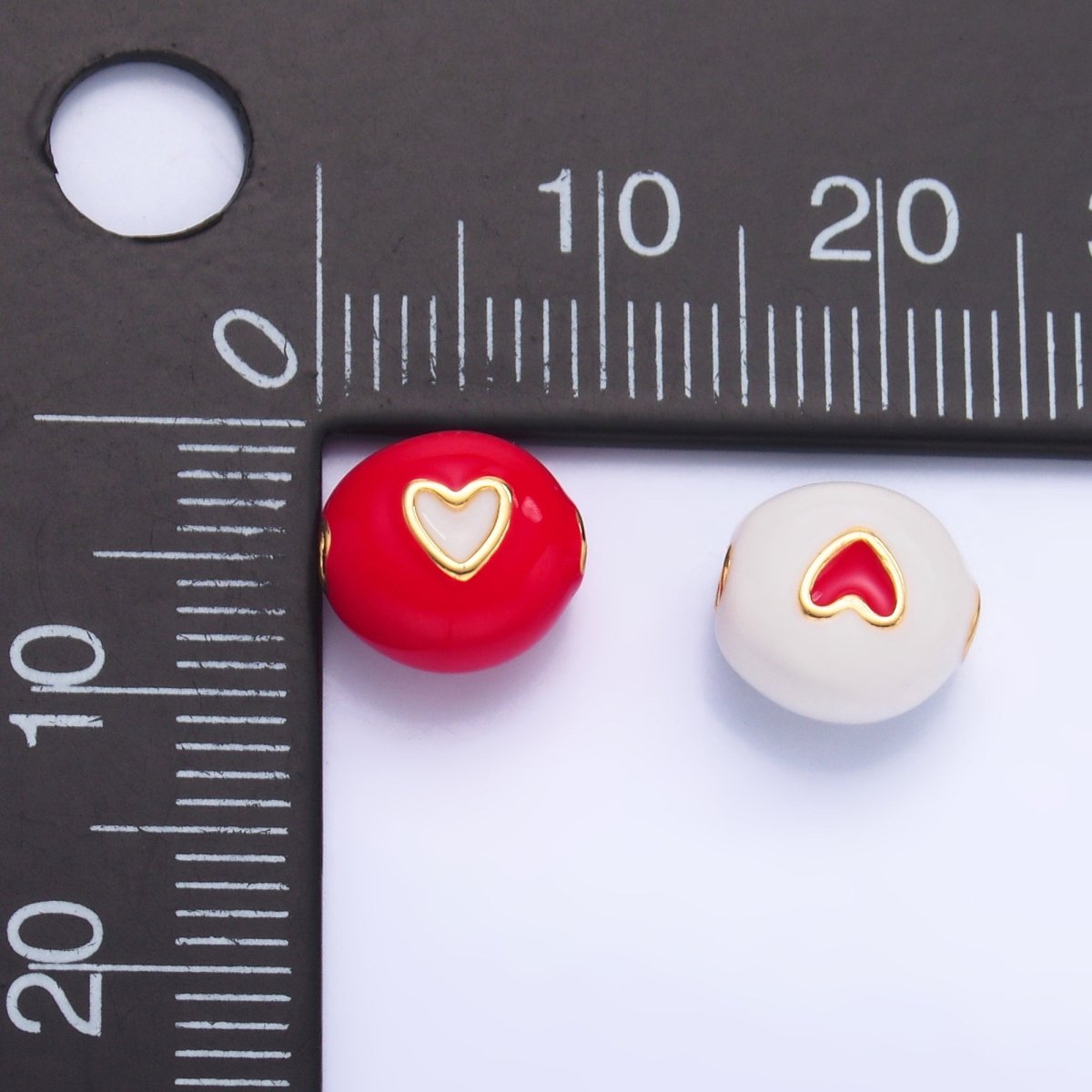 24K Gold Filled Heart White, Red Enamel Round Bead | B183
