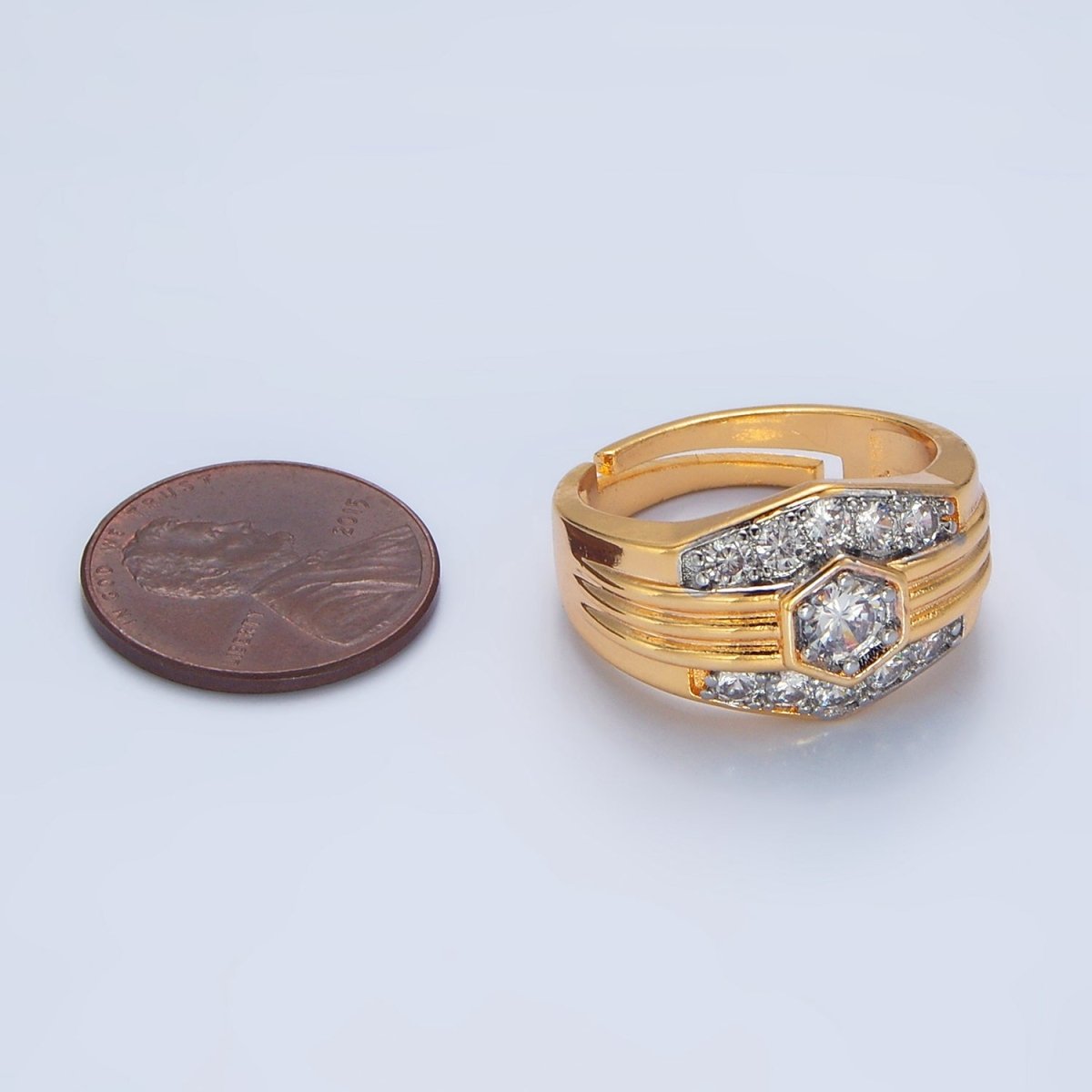24K Gold Filled Hexagon Dome Micro Paved CZ Mixed Metal Ring | O1417