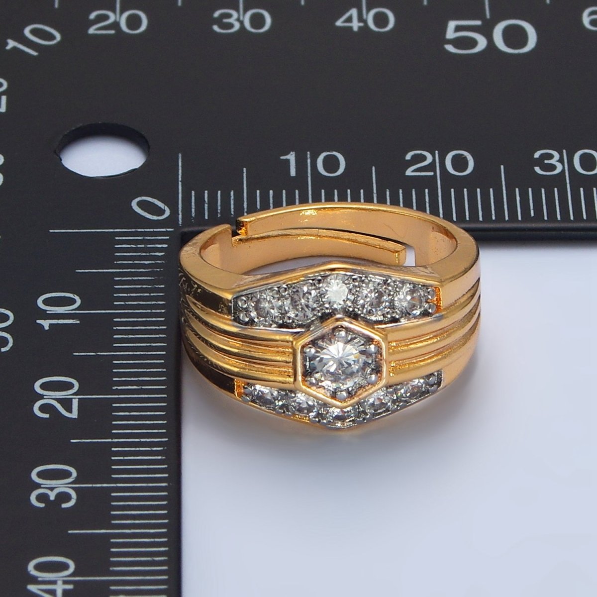 24K Gold Filled Hexagon Dome Micro Paved CZ Mixed Metal Ring | O1417