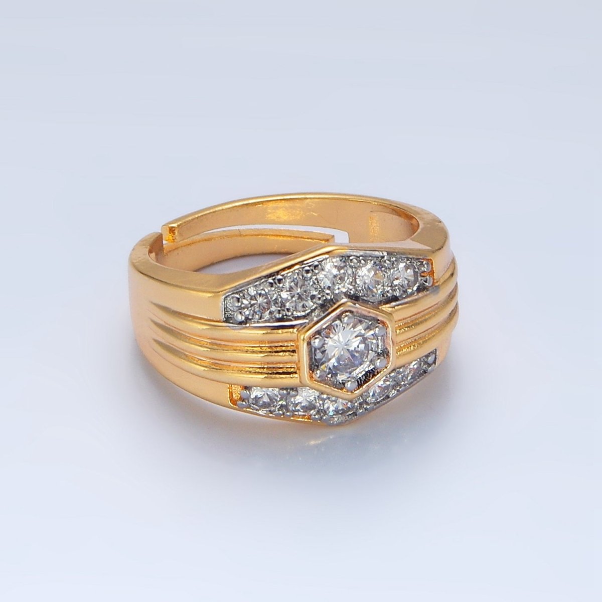 24K Gold Filled Hexagon Dome Micro Paved CZ Mixed Metal Ring | O1417