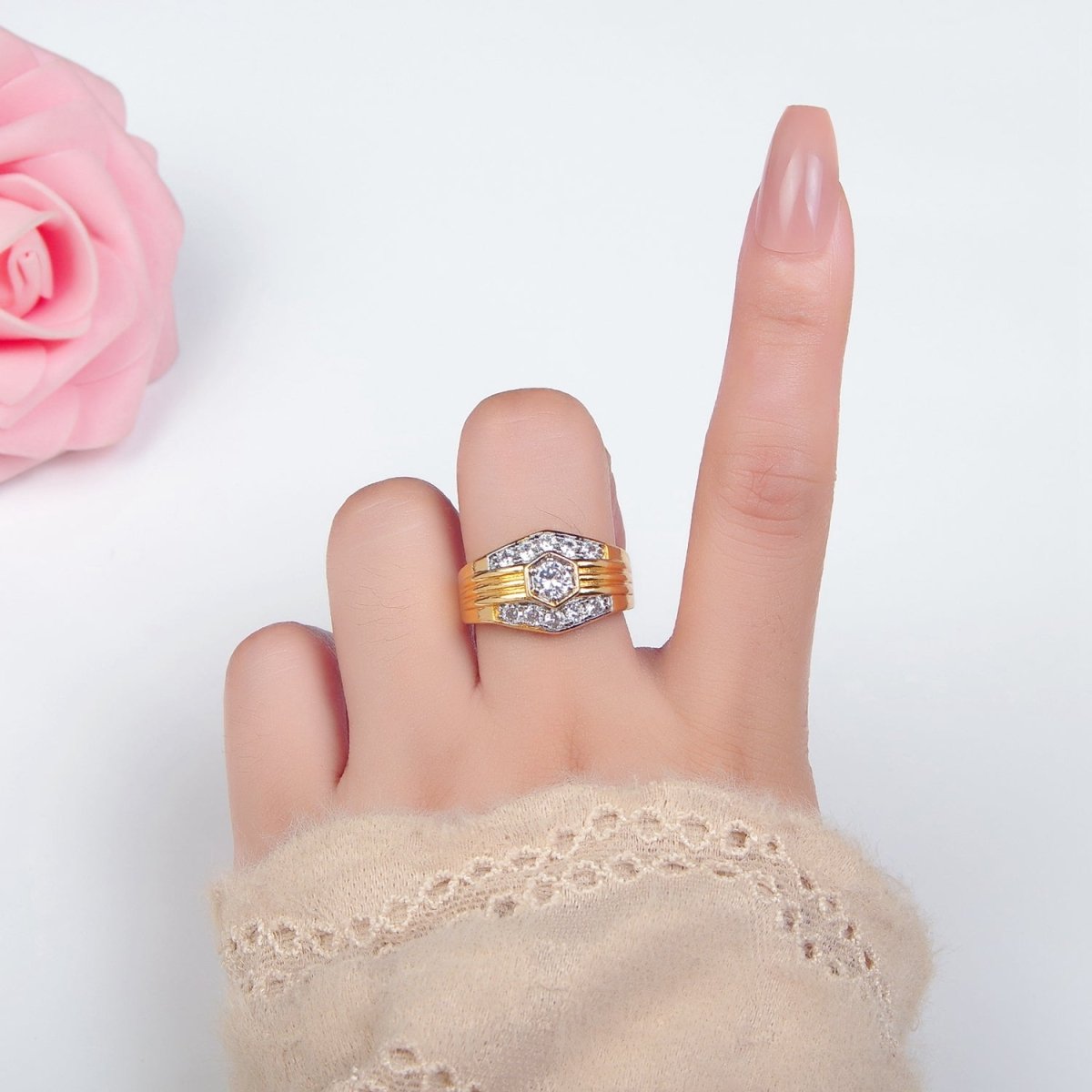 24K Gold Filled Hexagon Dome Micro Paved CZ Mixed Metal Ring | O1417
