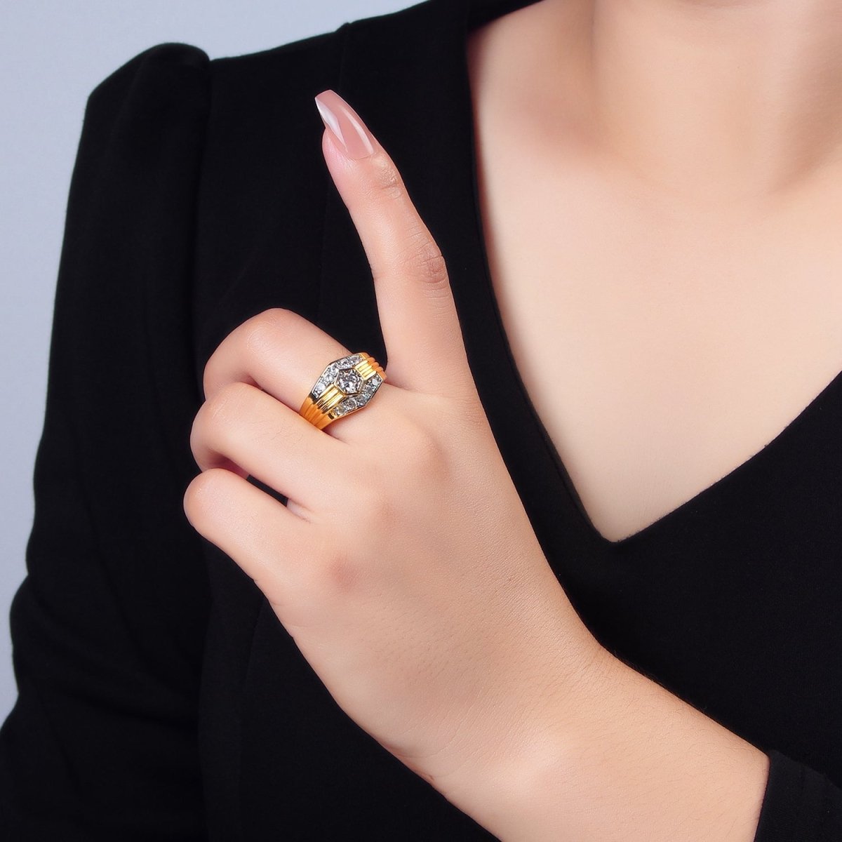 24K Gold Filled Hexagon Dome Micro Paved CZ Mixed Metal Ring | O1417