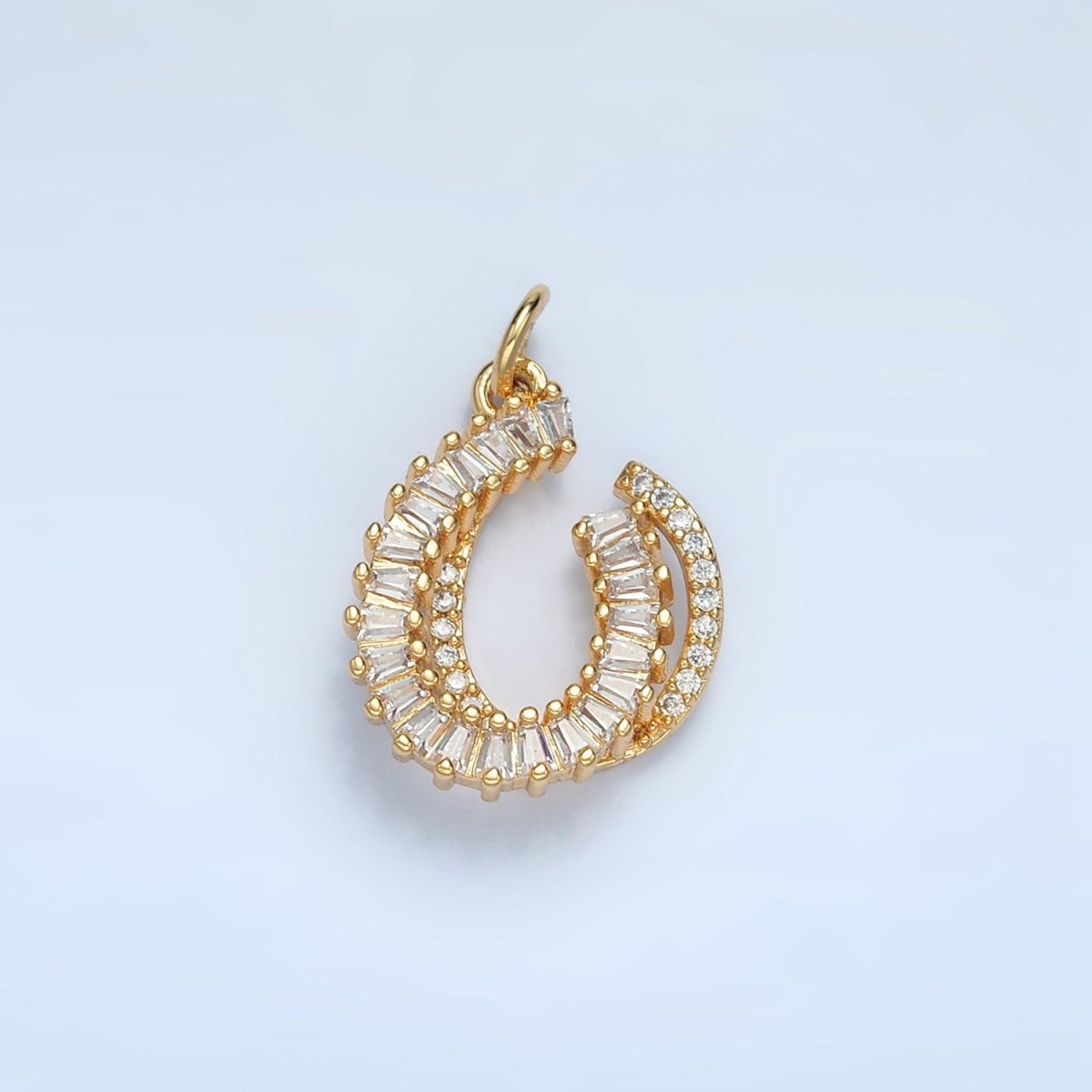 24K Gold Filled Horseshoe Double Micro Paved CZ Baguette Lined Charm | E807