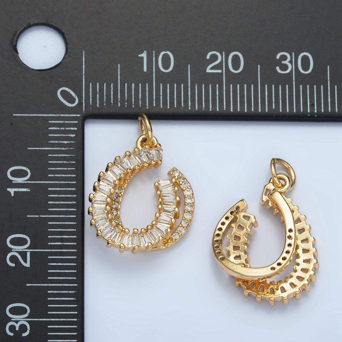 24K Gold Filled Horseshoe Double Micro Paved CZ Baguette Lined Charm | E807