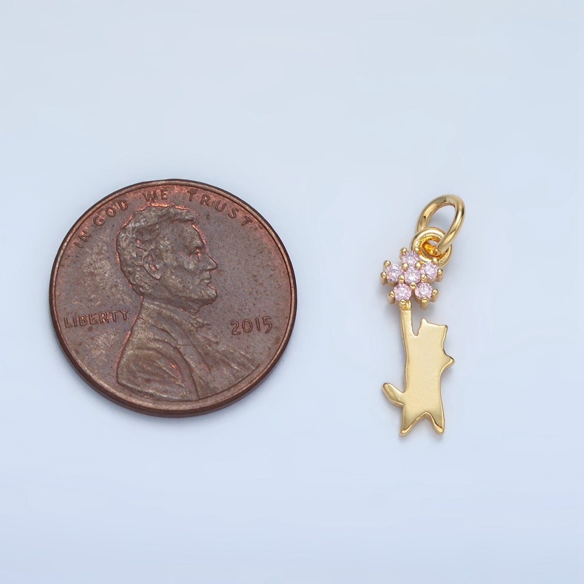 24K Gold Filled Kitten Cat Reach Pink Flower CZ Charm | X297