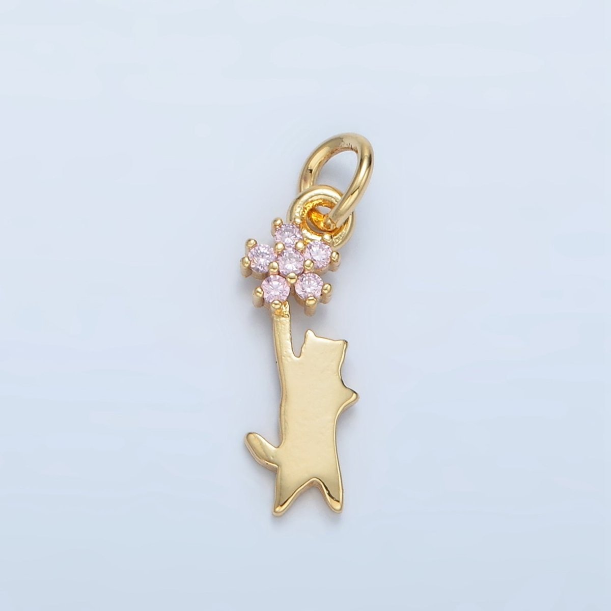 24K Gold Filled Kitten Cat Reach Pink Flower CZ Charm | X297