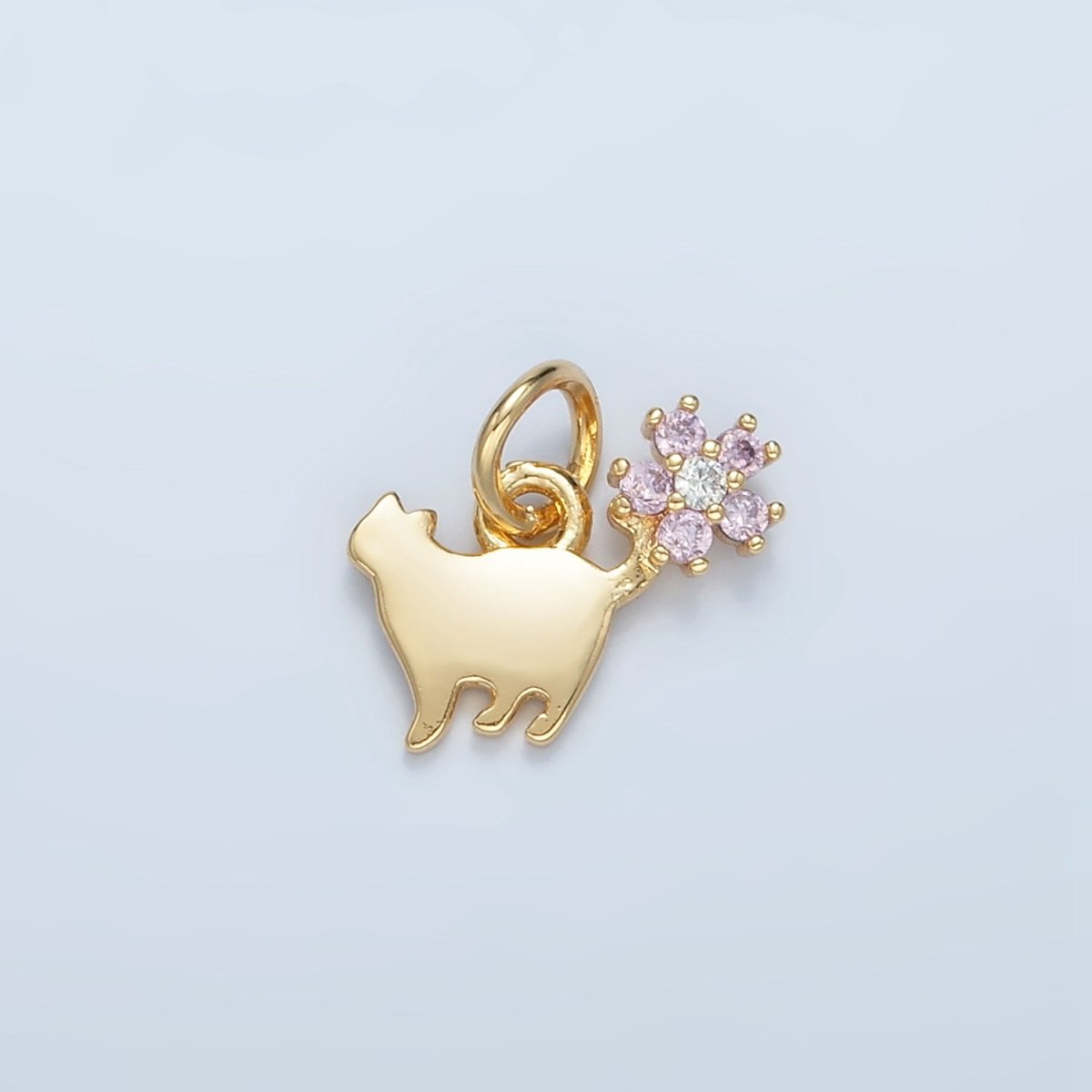 24K Gold Filled Kitten Cat Stretch Pink Flower CZ Charm | N1389
