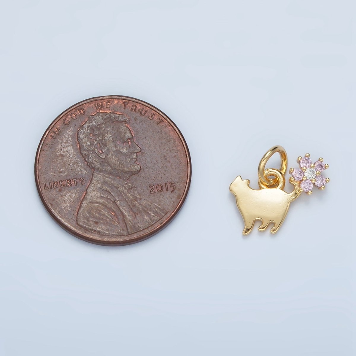 24K Gold Filled Kitten Cat Stretch Pink Flower CZ Charm | N1389