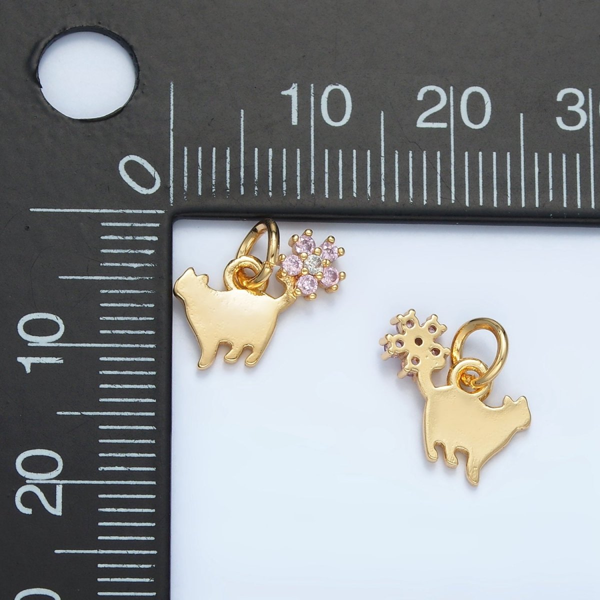 24K Gold Filled Kitten Cat Stretch Pink Flower CZ Charm | N1389