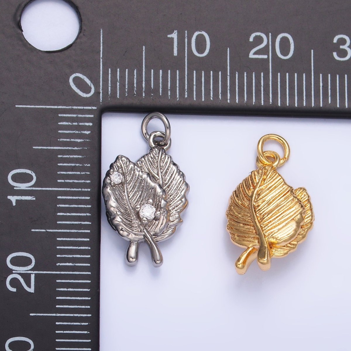 24K Gold Filled Leaf Nature CZ Multidimensional 3D Charm in Gold & Silver | W794