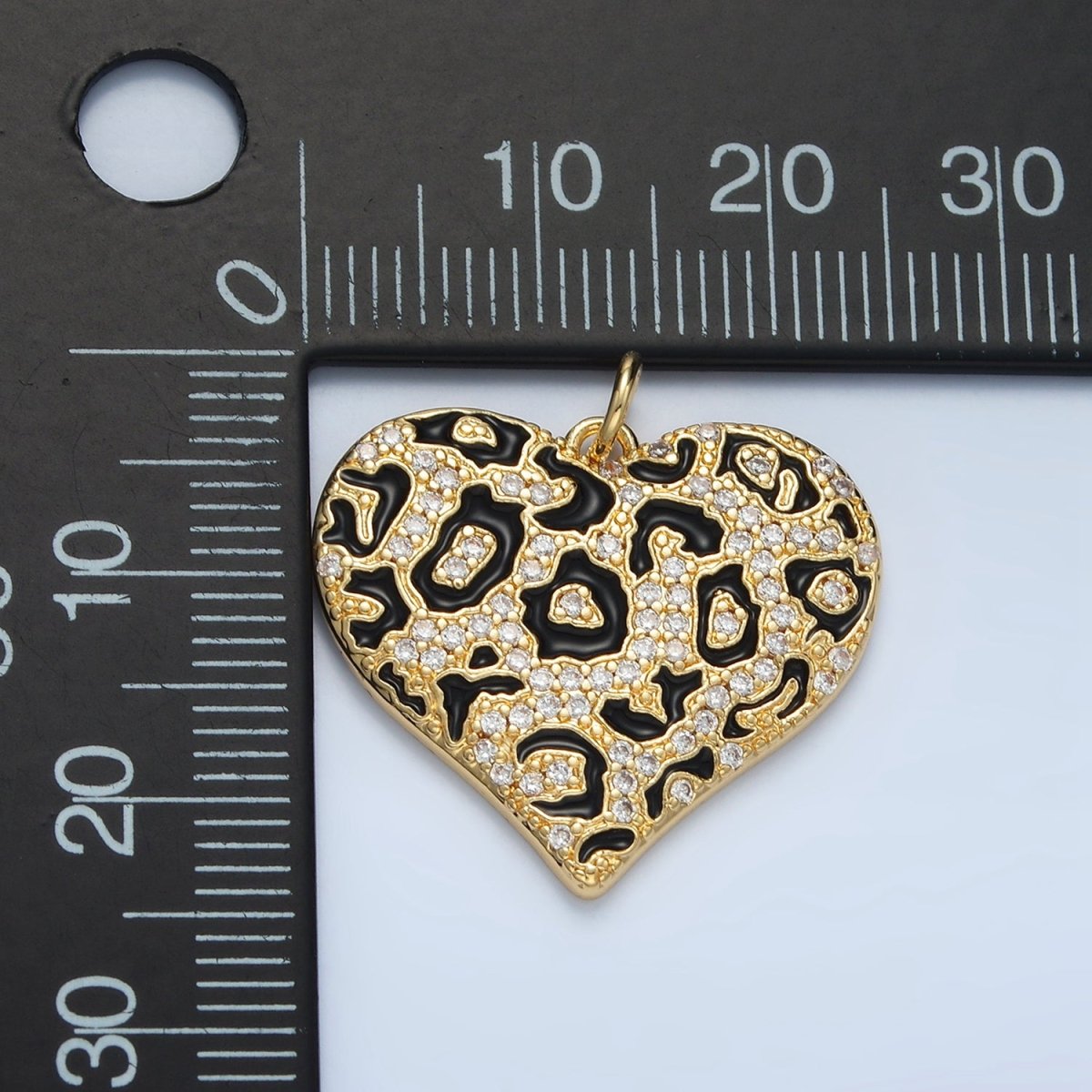 24K Gold Filled Micro Paved CZ Enamel Cheetah Print Heart Charm | M911