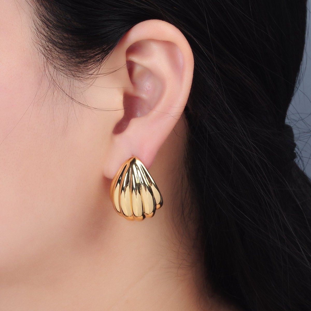 24K Gold Filled Line Textured Chunky J-Shaped Hoop Earrings | AD-637