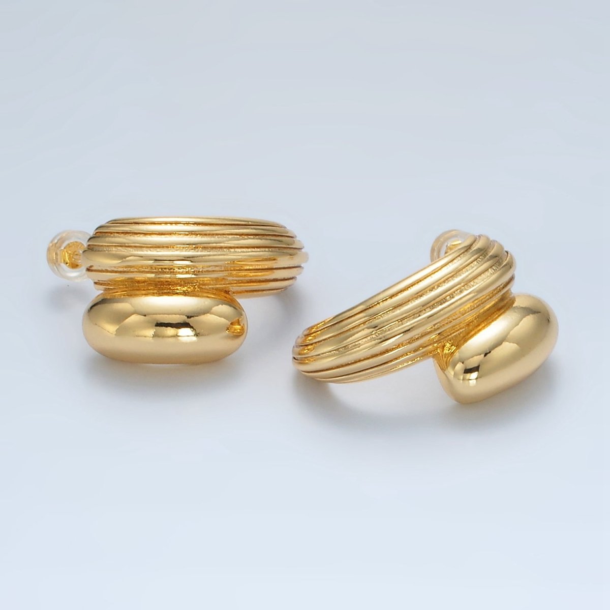 24K Gold Filled Line-Textured Double Dome Band C-Shaped Hoop Earrings | Q334