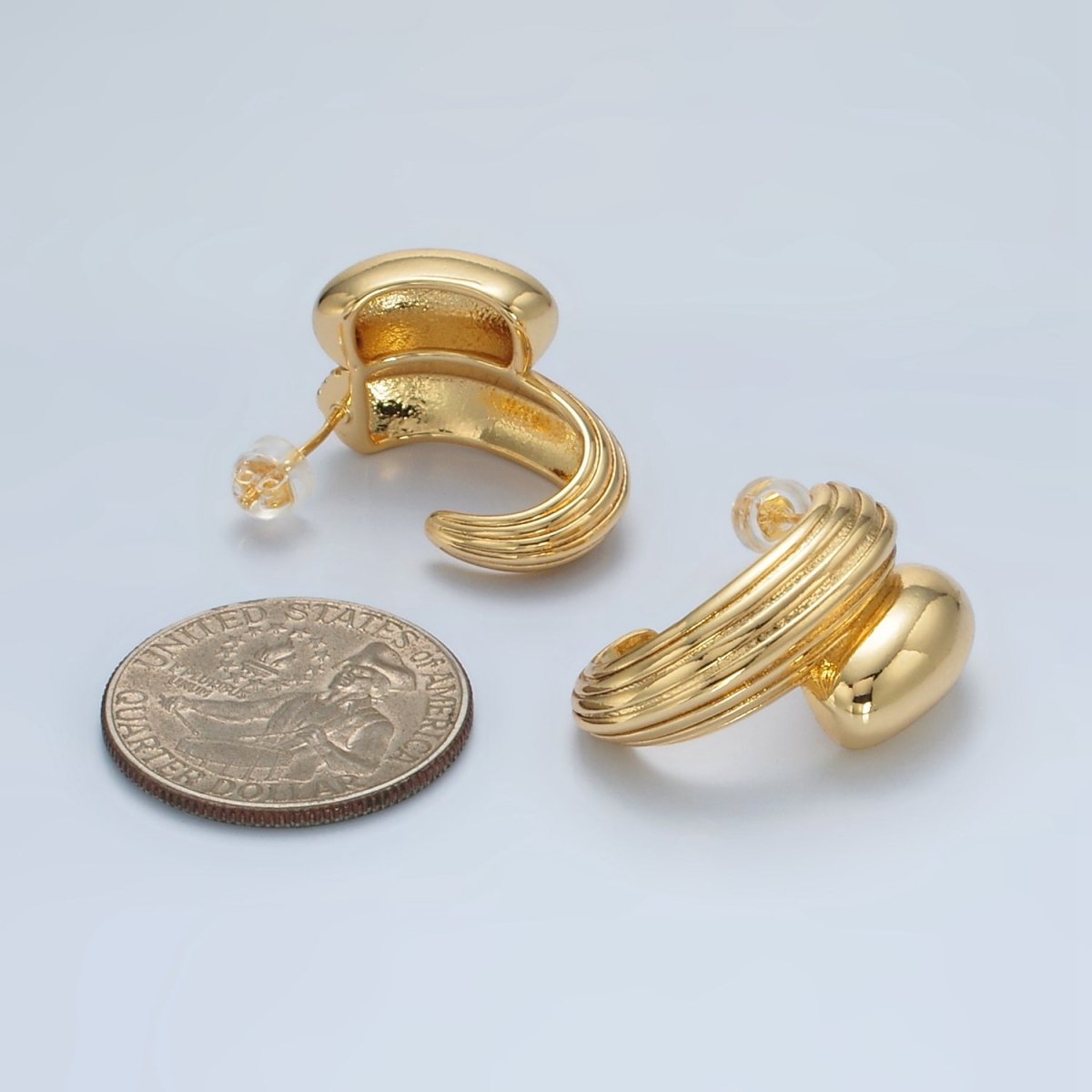 24K Gold Filled Line-Textured Double Dome Band C-Shaped Hoop Earrings | Q334