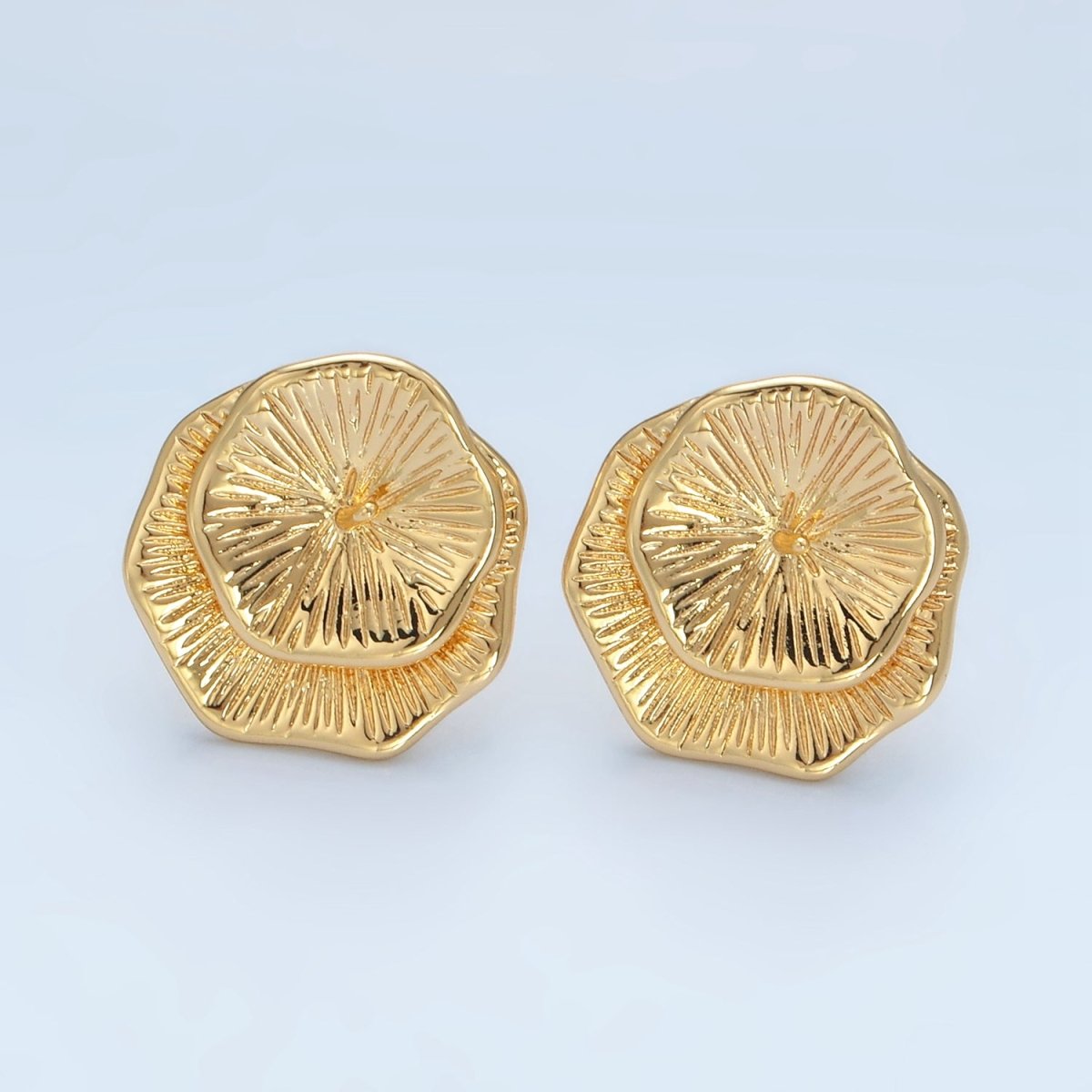 24K Gold Filled Line-Textured Double Flower Needle Drill Stud Earrings Findings | Z894