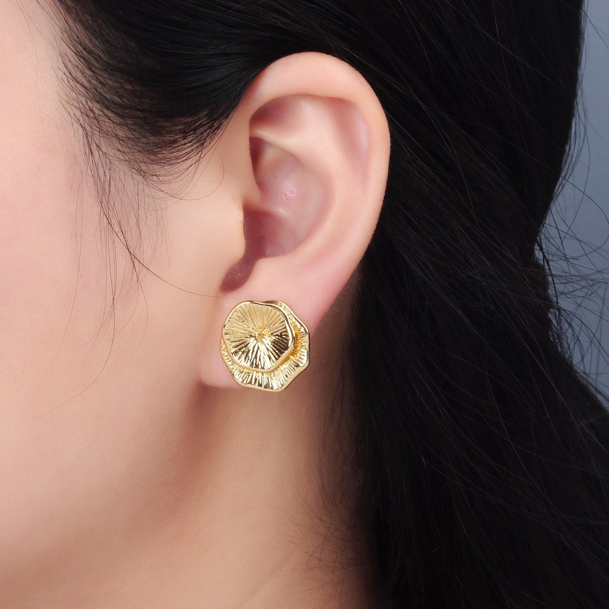 24K Gold Filled Line-Textured Double Flower Needle Drill Stud Earrings Findings | Z894
