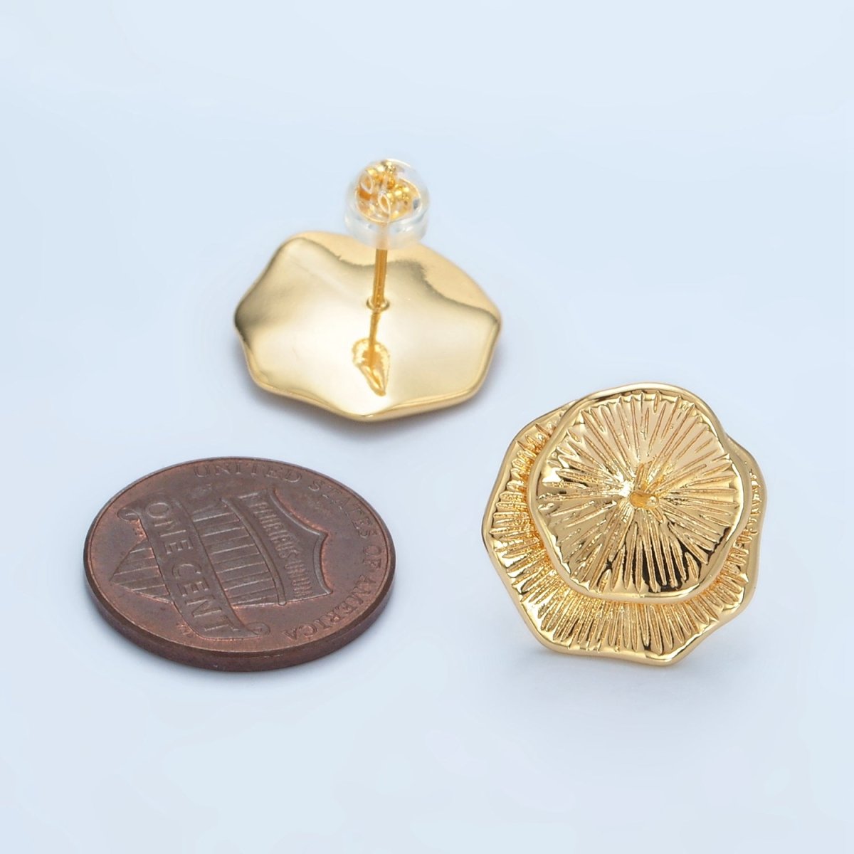 24K Gold Filled Line-Textured Double Flower Needle Drill Stud Earrings Findings | Z894