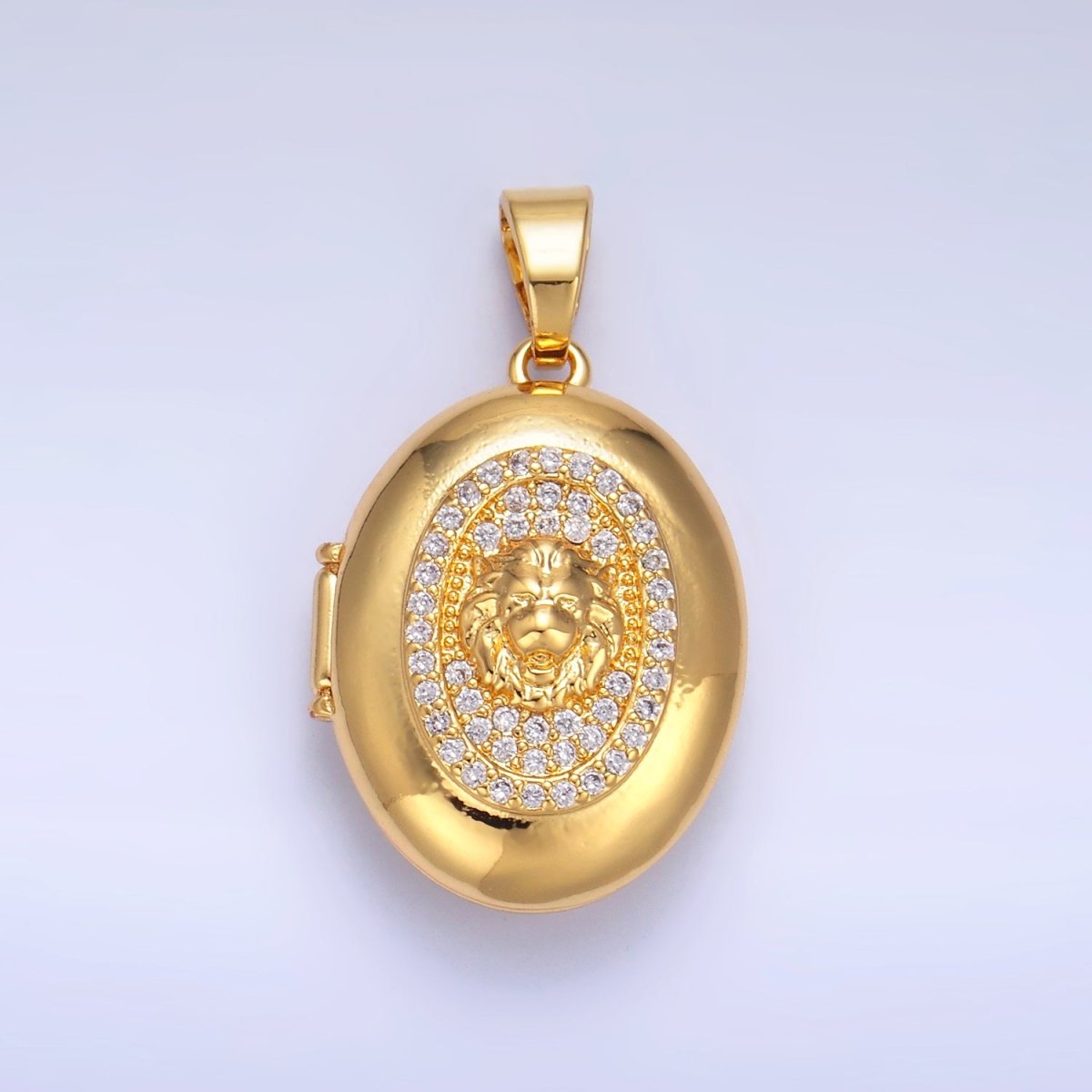 24K Gold Filled Lion Micro Paved CZ Oval Locket Pendant | AA868