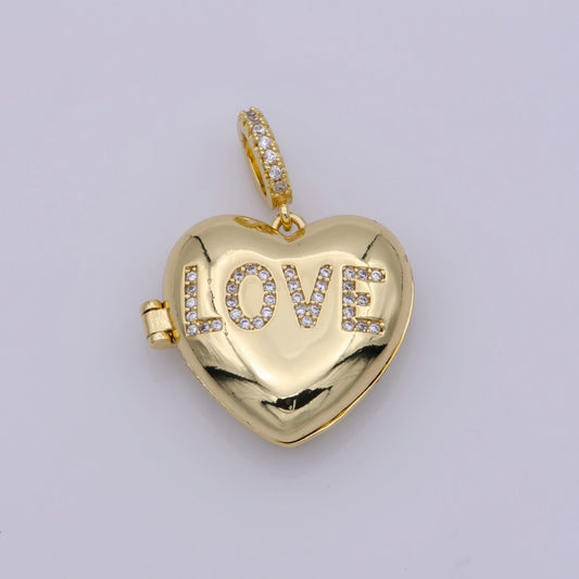 24K Gold Filled "LOVE" Micro Paved CZ Open Heart Locket Pendant | I358