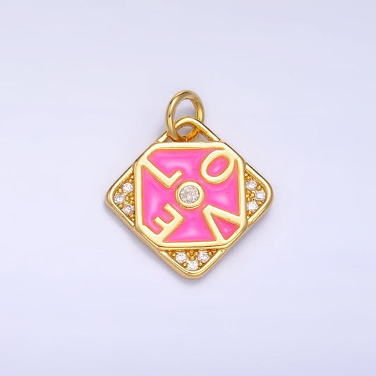 24K Gold Filled "LOVE" Script Enamel Micro Paved CZ Geometric Square Charm | W432