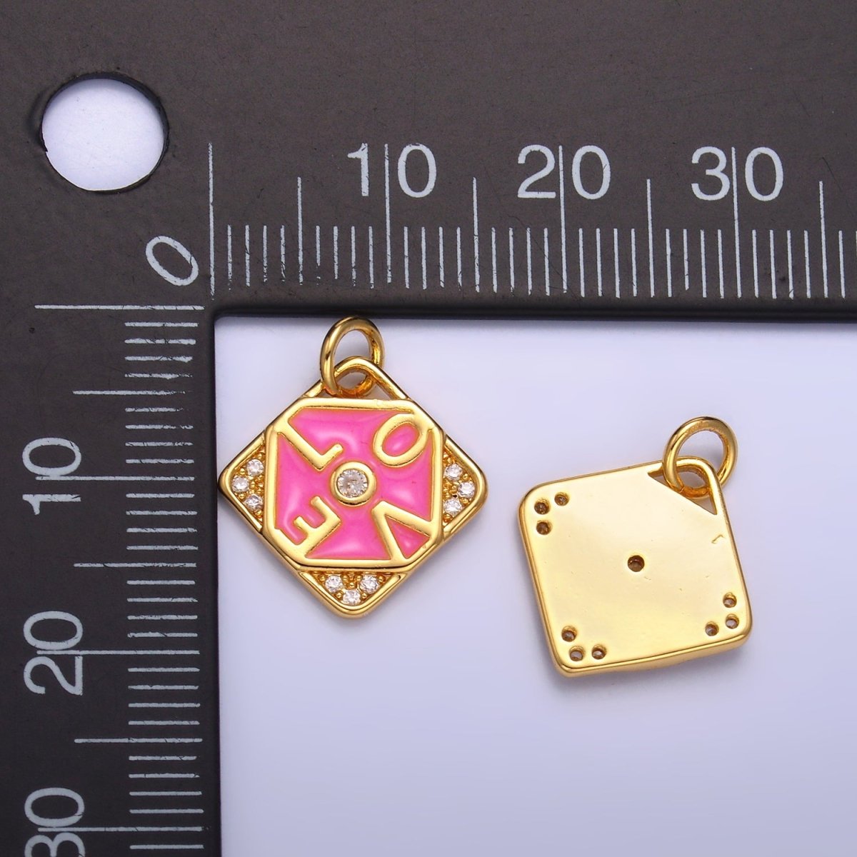 24K Gold Filled "LOVE" Script Enamel Micro Paved CZ Geometric Square Charm | W432