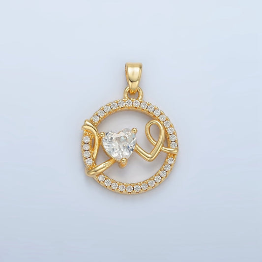 24K Gold Filled "Love" Script Heart CZ Micro Paved Open Round Pendant | AA891