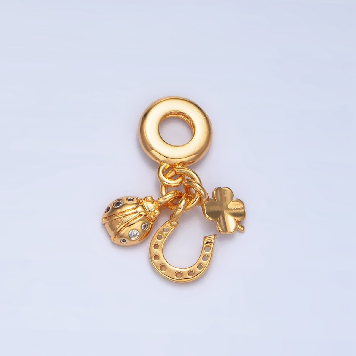 24K Gold Filled Lucky Horseshoe Ladybug Clover Triple Drop Rondelle Bail Pendant | X743