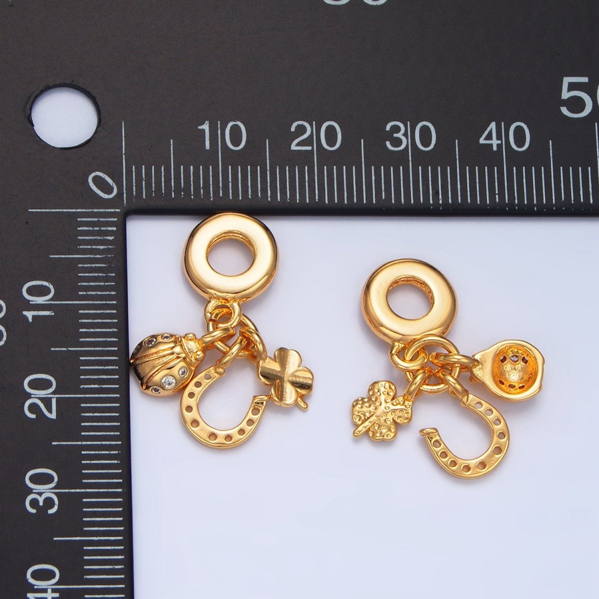 24K Gold Filled Lucky Horseshoe Ladybug Clover Triple Drop Rondelle Bail Pendant | X743
