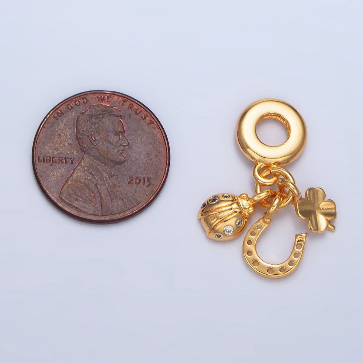 24K Gold Filled Lucky Horseshoe Ladybug Clover Triple Drop Rondelle Bail Pendant | X743