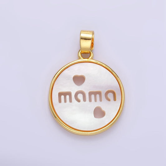 24K Gold Filled "MAMA" Script Heart Open Shell Pearl Round Pendant | AA1357