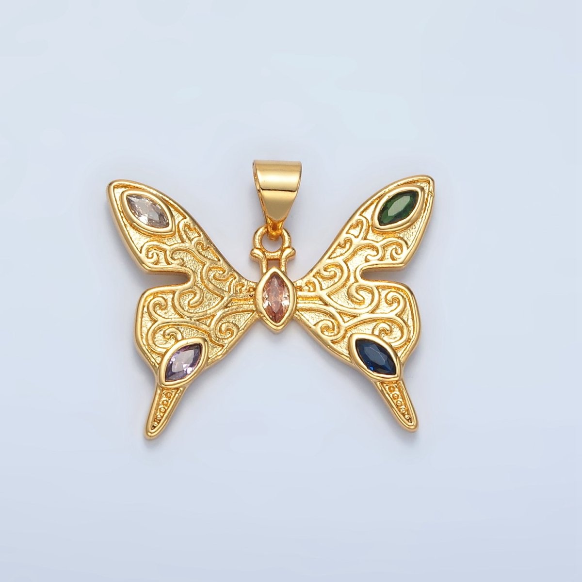 24K Gold Filled Marquise CZ Artisan Butterfly Mariposa Insect Pendant | I285